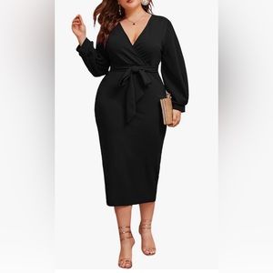 NWOT Verdusa Plus Size 1XL V Neck Lantern Sleeve Midi Belted Bodycon Dress